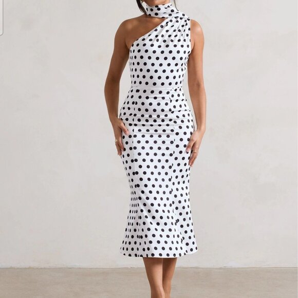 Dresses & Skirts - Club L London White & Black Golden Girl Polka Dot Asymmetric High-Neck Flared